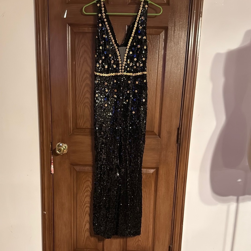 Black Sequin Jumpsuit with Gold Accents